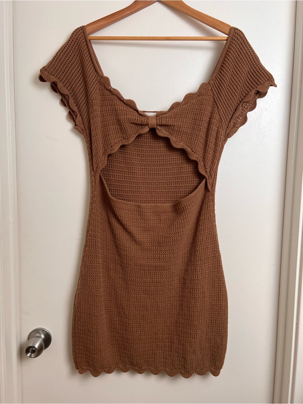 Promesa Brown Knit Mini Dress Open Back Bow Detail Scallop Hem L